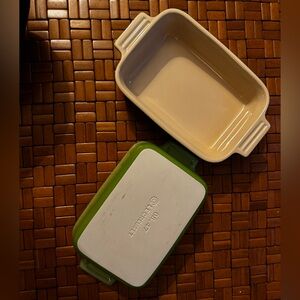 TWO vintage small Le Creuset casserole dishes. Green.